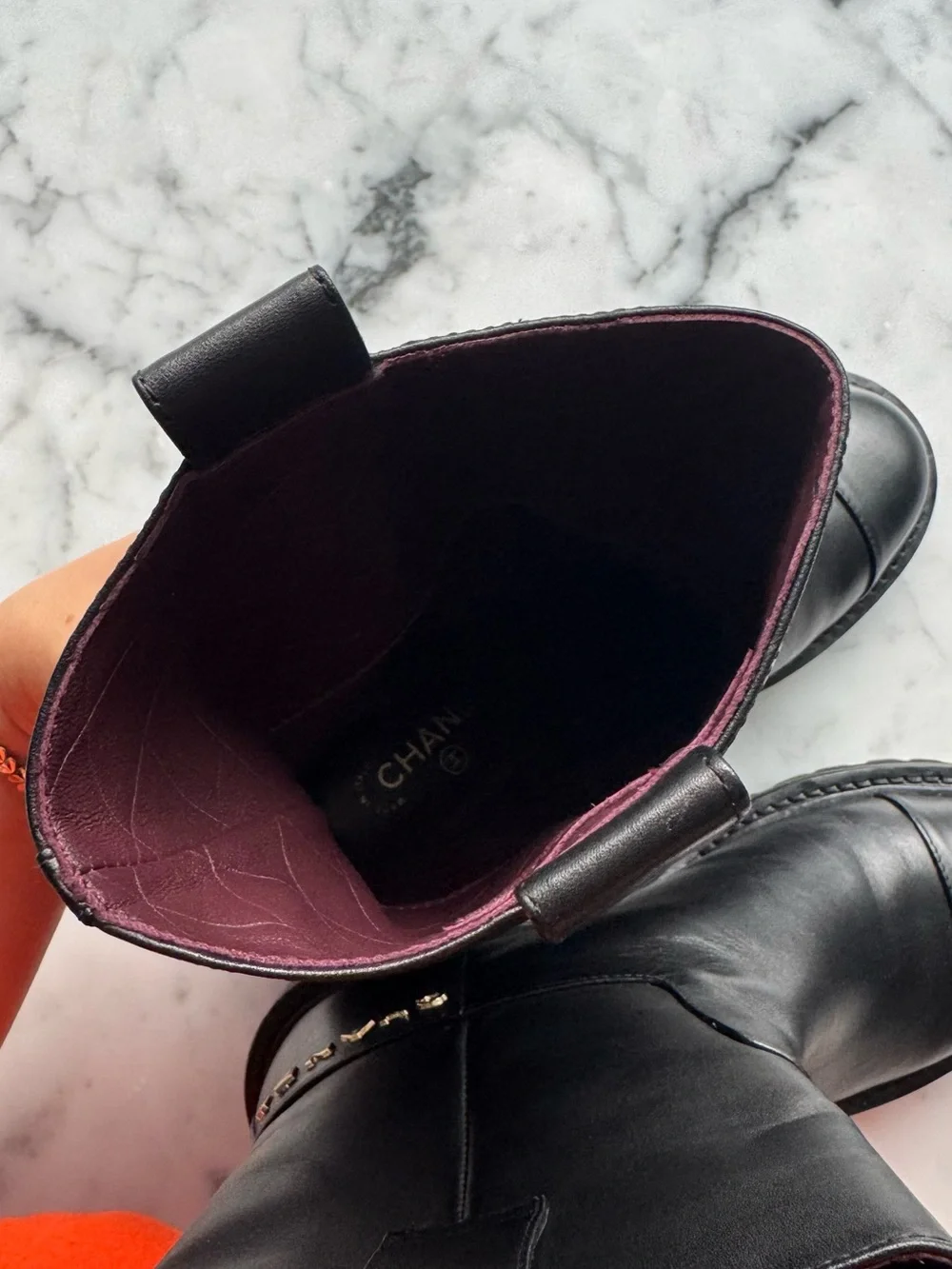 CHANEL Black Leather Lug-Sole Mid-Calf Combat boots